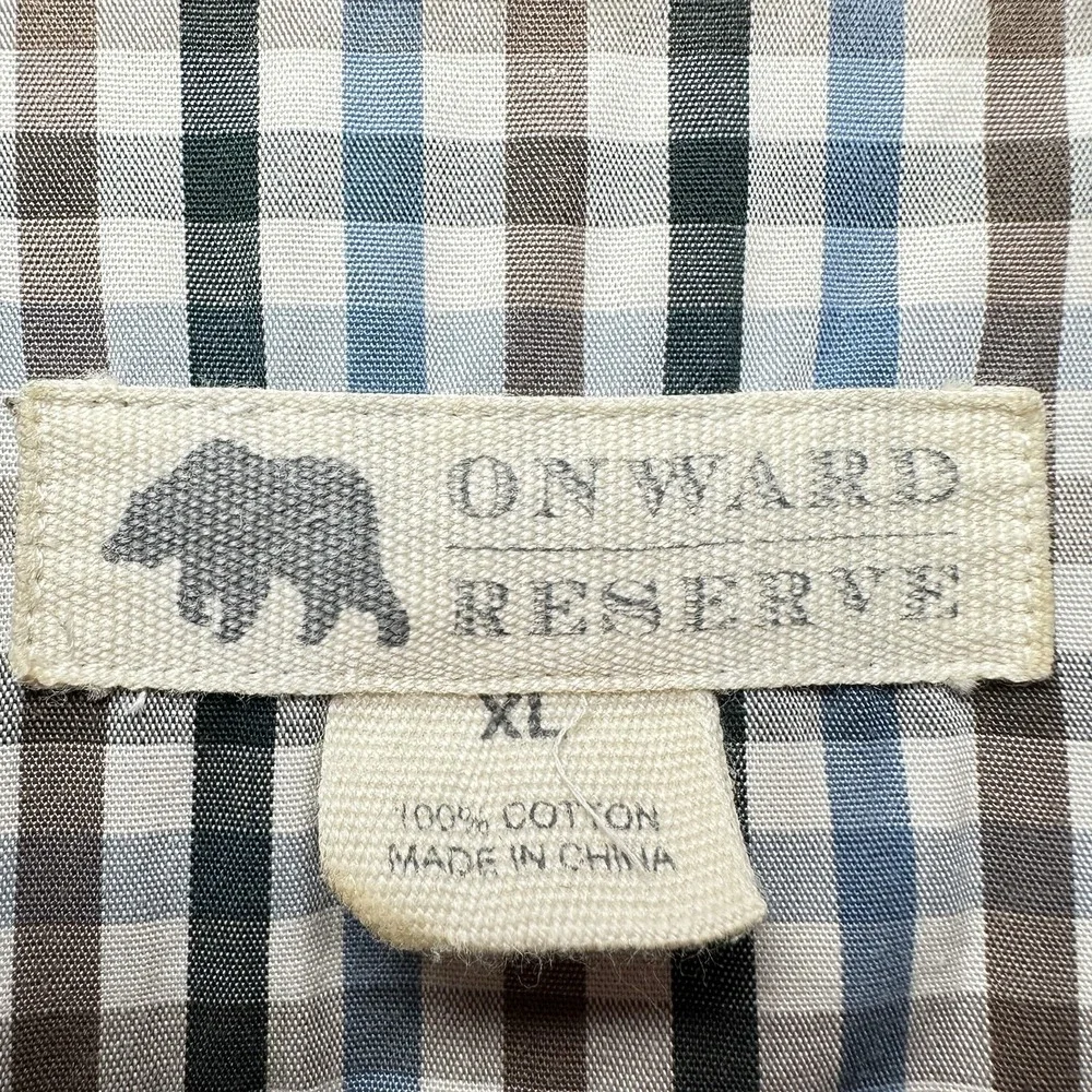 Onward‎ Reserve XL Gingham Shirt Blue Brown Plaid Outdoor Vented Fishing Cotton
